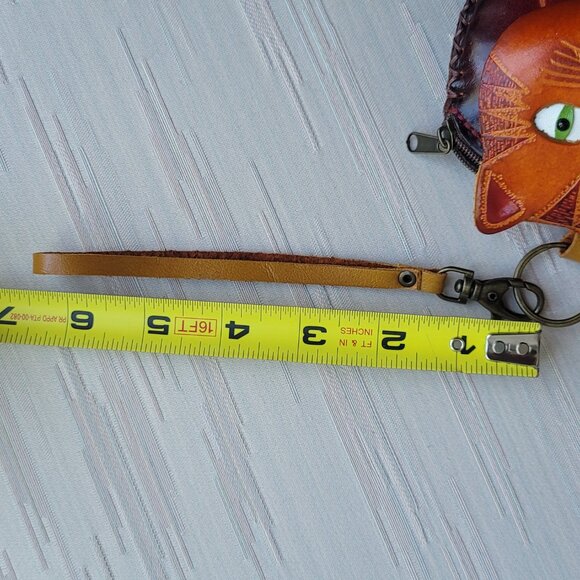 Leather Cat Kitty Face With Fish Charm Handcrafted Wristlet Coin Change Pouch - Picture 11 of 16